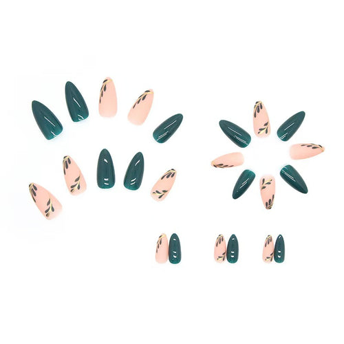 Artistic Press-On Nail Set with Leaf Designs Bowlift