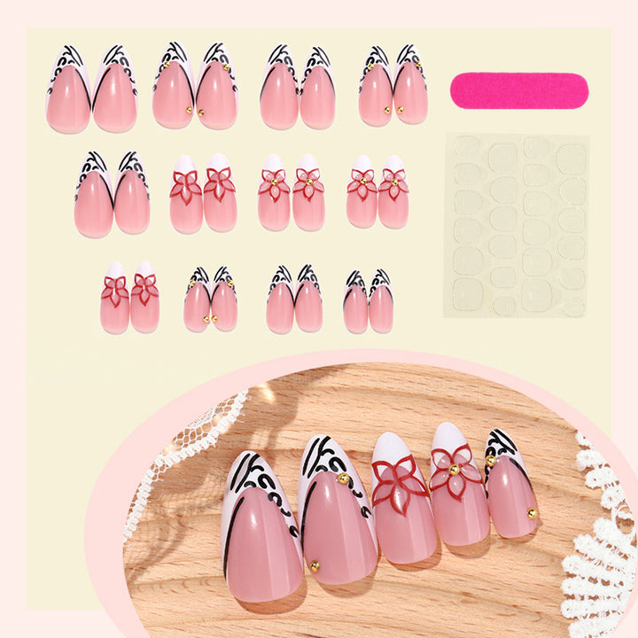 Decorative Press-On Nail Set with Floral and Geometric Accents Bowlift