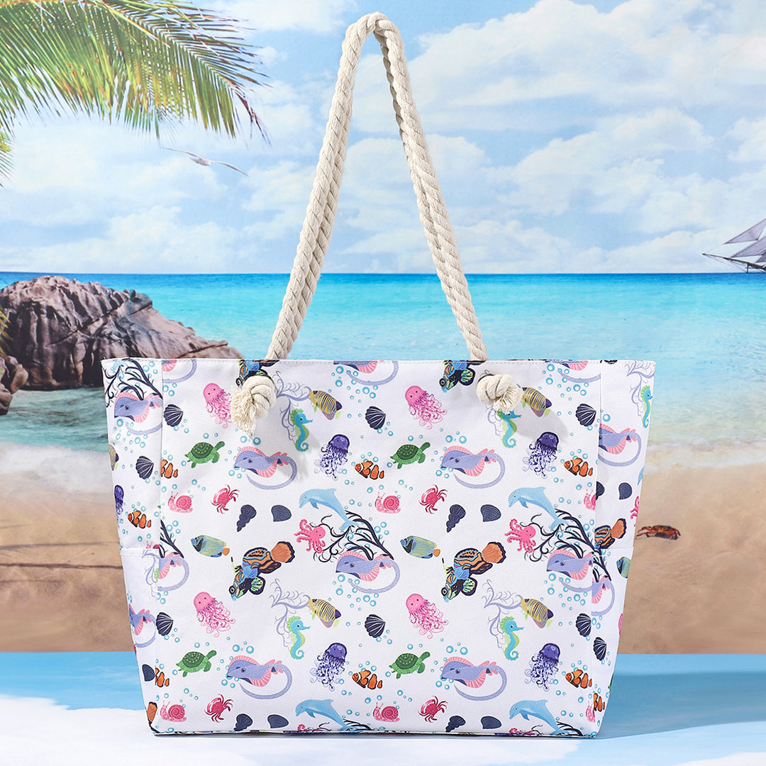 Large Canvas Rope-Handle Beach Tote Bag with Printed Flip-Flop Pattern Bowlift