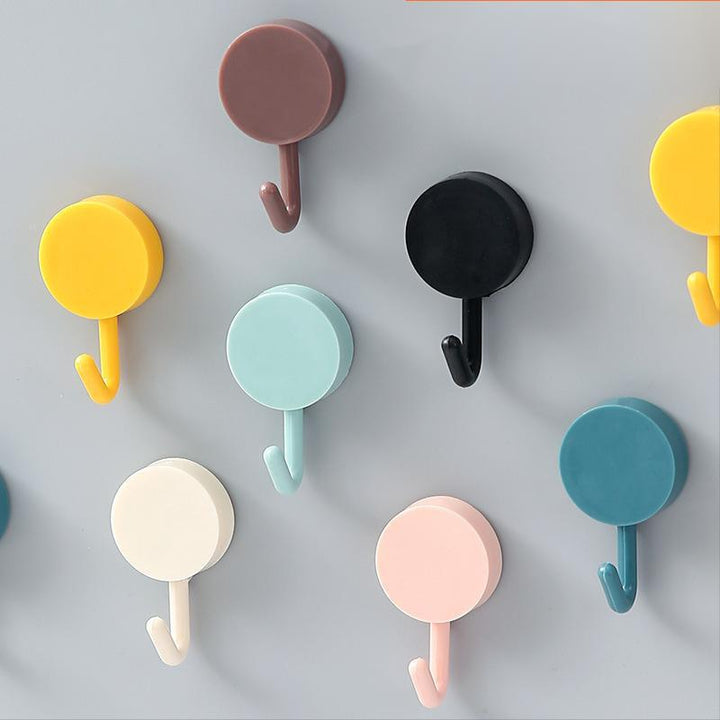 Round adhesive wall hook with removable strong-hold adhesive and curved J-hook Bowlift