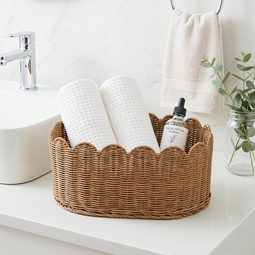 Rustic storage basket made of woven natural material Bowlift