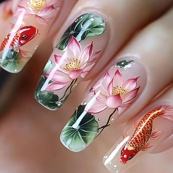 Artificial nails with floral lotus elements and koi pattern Bowlift
