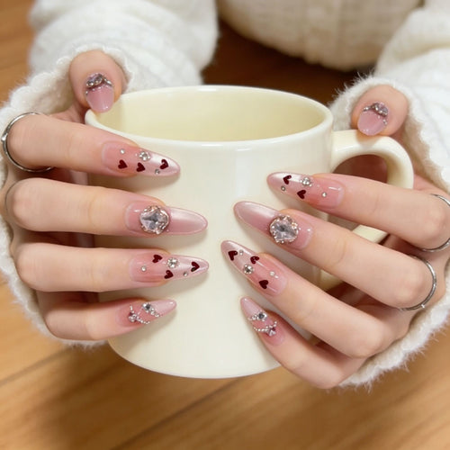 Decorative Press-On Nail Art with Heart and Gem Accents Bowlift