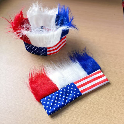 Unisex nan patriotic artificial hair headband with voluminous hair strands and flag motif Bowlift
