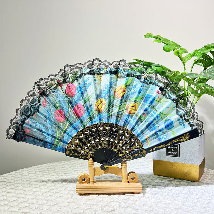Ladies Elegant Hand Fan with Floral Design and Lace Edges Bowlift