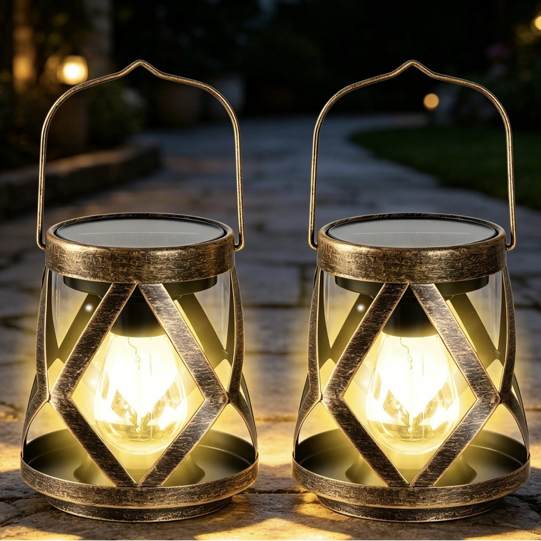 Portable Antique-Style Solar LED Lantern Pair With Built-In Solar Panel Hanging Handle And Weatherproof Metal Lattice Frame Bowlift