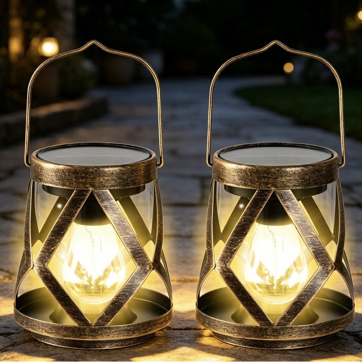 Portable Antique-Style Solar LED Lantern Pair With Built-In Solar Panel Hanging Handle And Weatherproof Metal Lattice Frame Bowlift