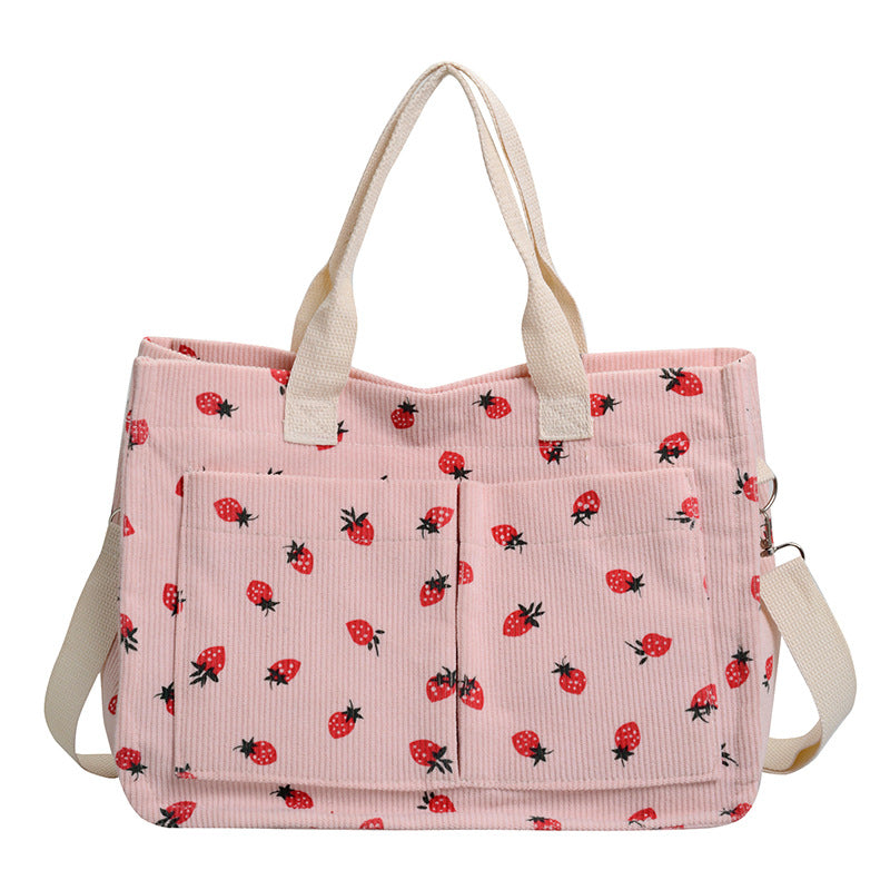 WoStylish Multi-Pocket Strawberry Print Canvas Tote Bag Bowlift