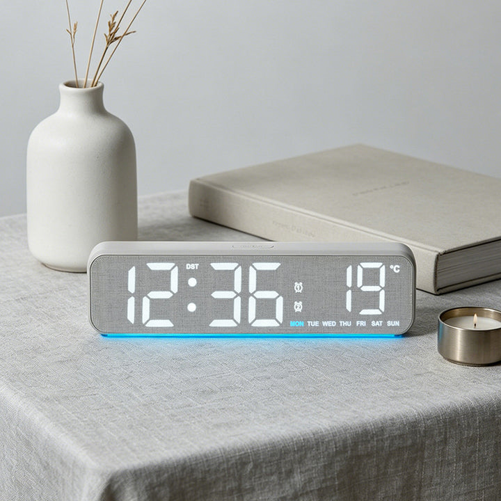 Digital wooden alarm clock with temperature and day of the week display Bowlift