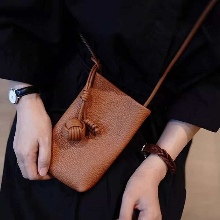 Pebbled Leather Mini Crossbody Phone Pouch with Knotted Strap Bowlift