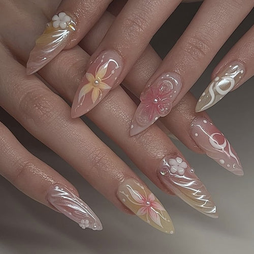 Artful Nail Extensions with Floral and Elegant Design Bowlift