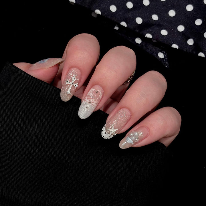 Acrylic Nail Set with Dreamy Glitter and Pearl Designs Bowlift