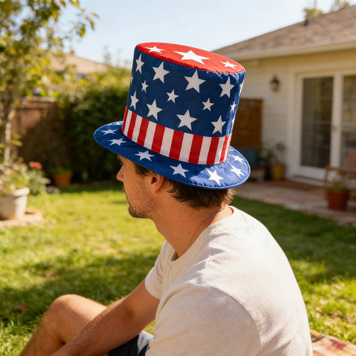 Unisex nan large cylinder party hat made of satin with star applications and stiff brim Bowlift