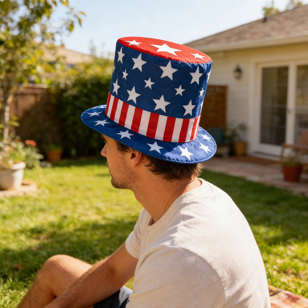 Unisex non-patriotic party top hat with stars and stripes pattern made of satin Bowlift