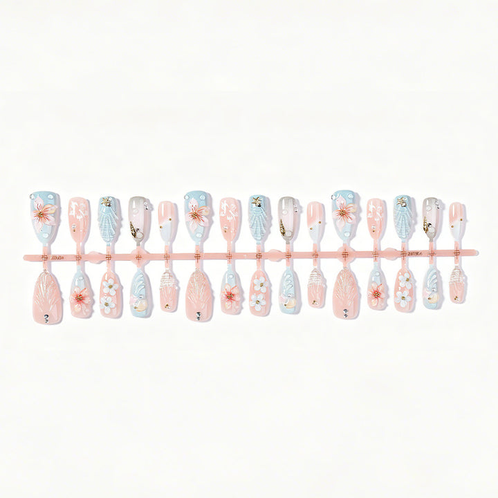 Artificial nail set with maritime motifs and colorful flowers Bowlift