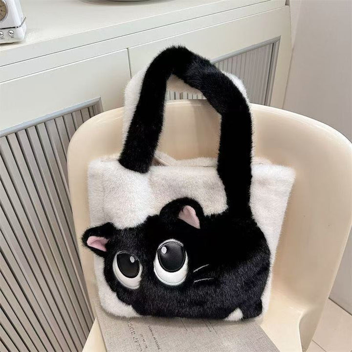 Plush Faux Fur Cartoon Eye-Appliqué Tote Bag with Bow Shoulder Straps Bowlift