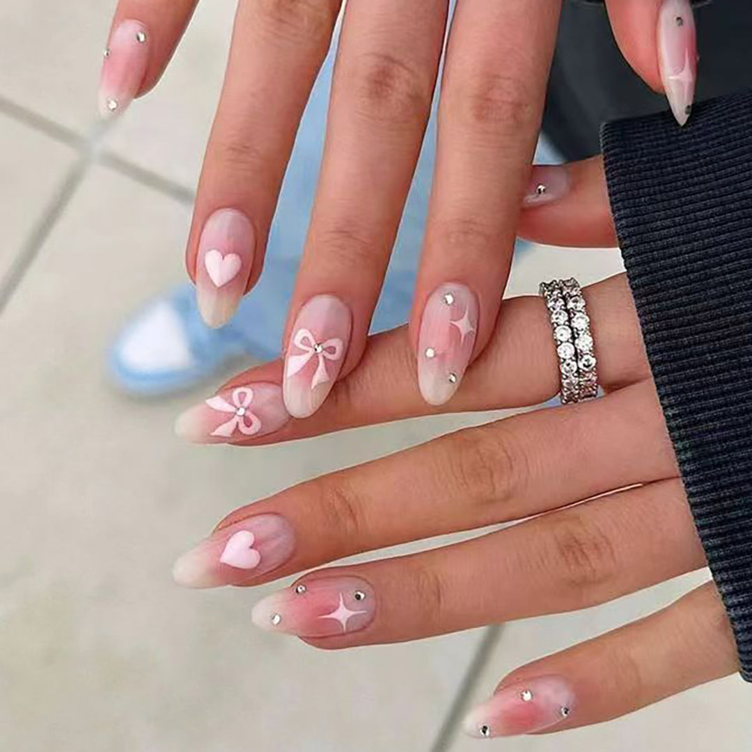 Decorative Press-On Nail Art Set with Bow and Heart Accents Bowlift