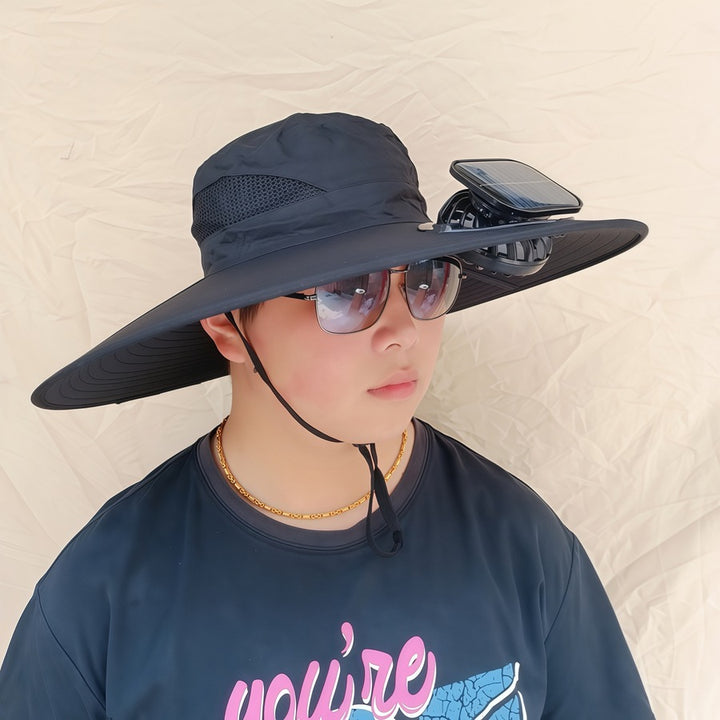 Wide-brimmed sun hat with detachable swivel solar fans and adjustable chin strap Bowlift