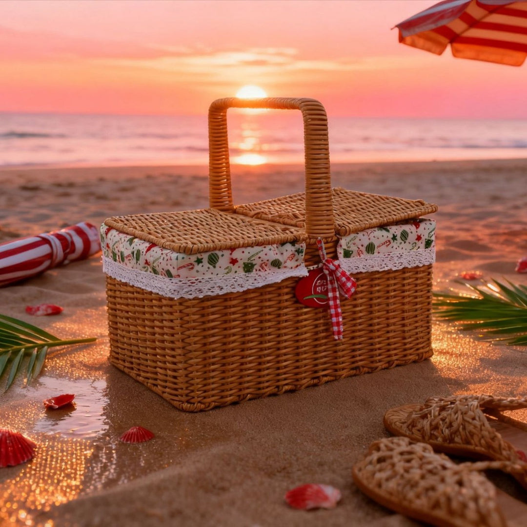 Ladies picnic basket with double compartment and decorative fabric trim Bowlift