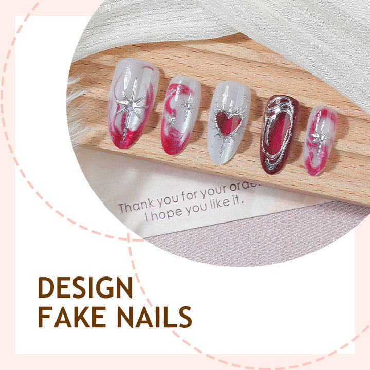 Artificial nail set with romantic decorations and glitter Bowlift