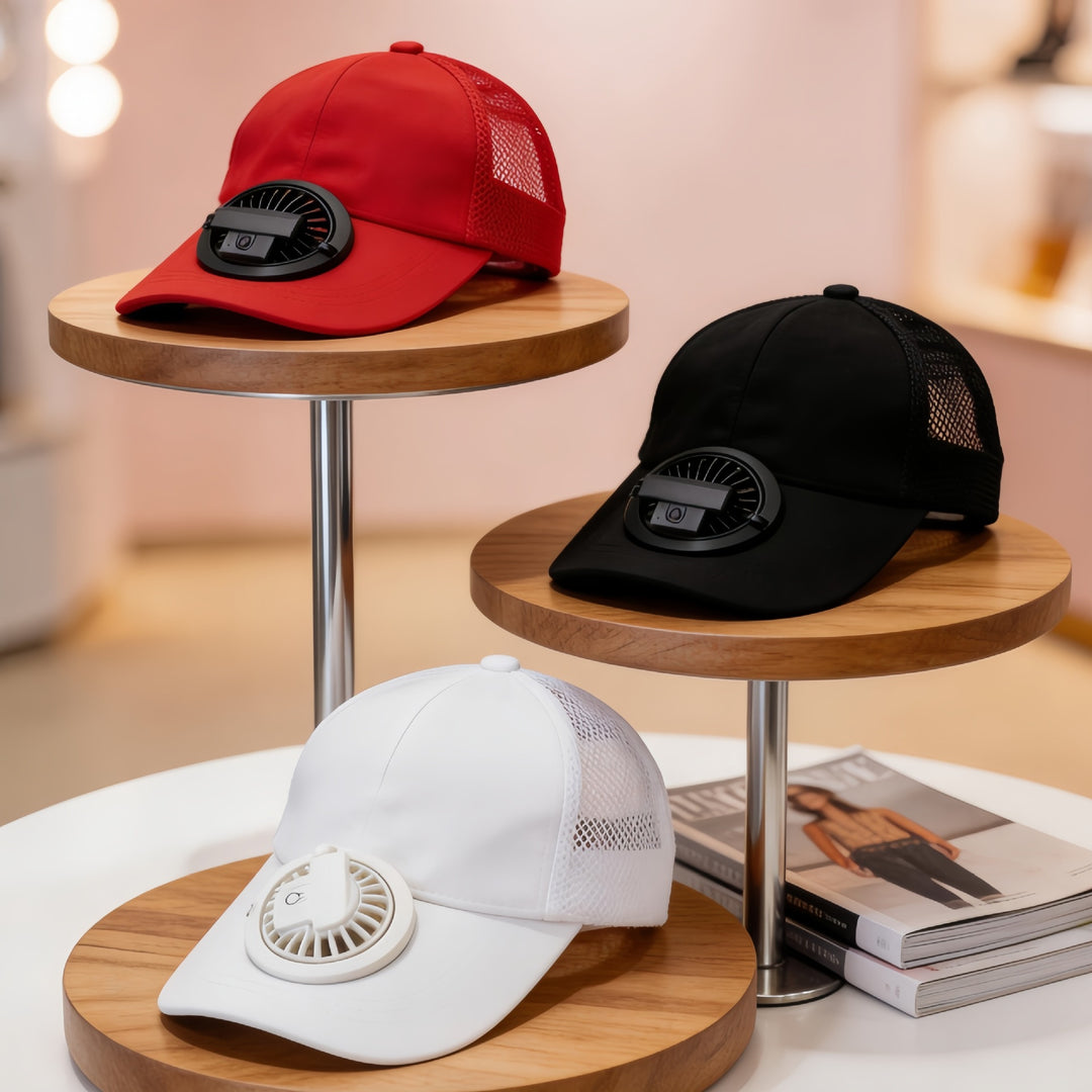 Unisex cap with integrated fan Bowlift