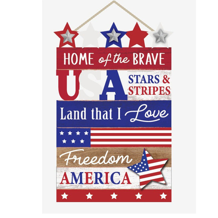 Independence Day rustic distressed wooden wall plaque with rope hanger and layered star accents Bowlift