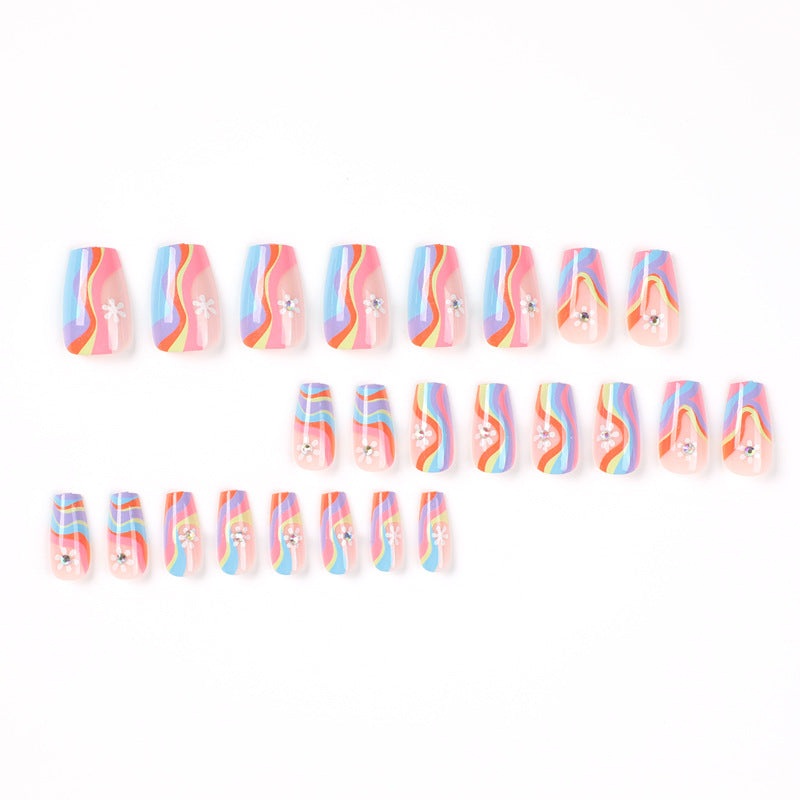 Artful Nail Extensions with Colorful Gradient and Delicate Flower Pattern Bowlift