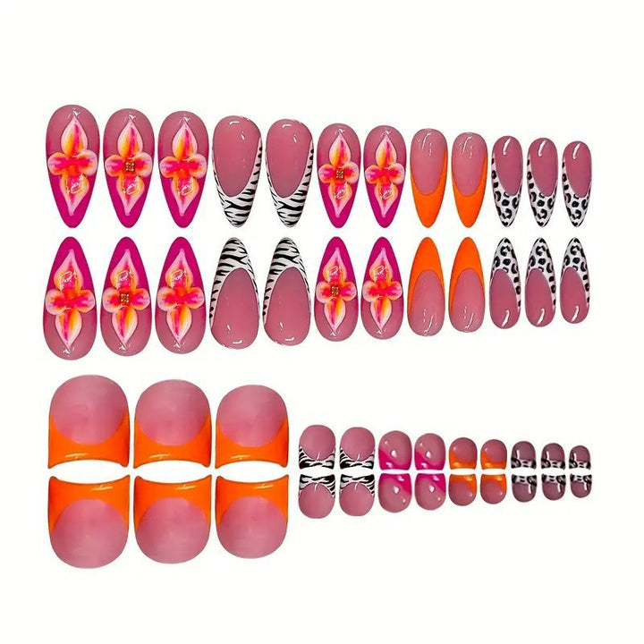 Artistic Press-On Nail Set with Floral and Geometric Accents Bowlift