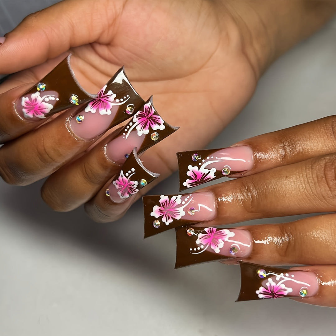 Decorative Floral Stiletto Nail Extensions Bowlift