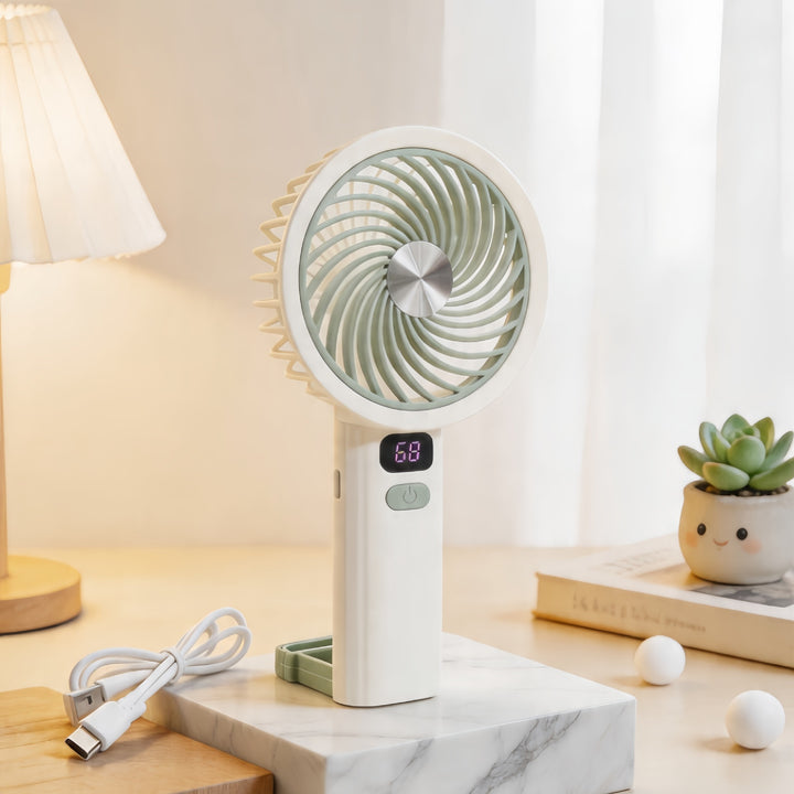 Women's Portable Handheld Fan with Digital Temperature Display and Ergonomic Handle Bowlift
