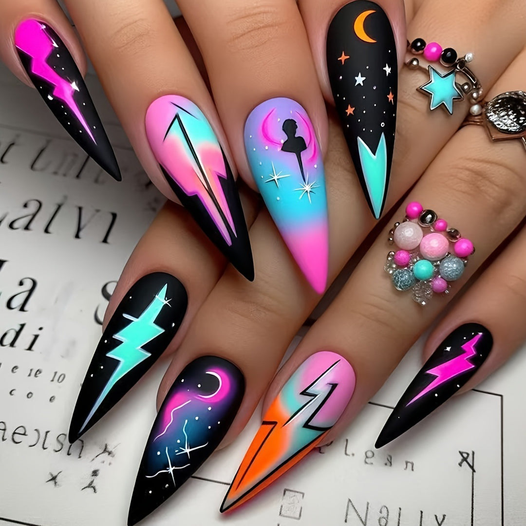 Creative artificial nails with neon light flash design Bowlift