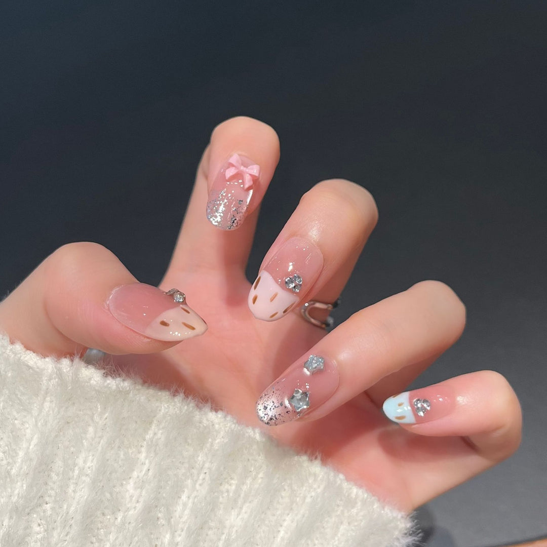 Decorative Press-On Nail Art with Bow and Gem Accents Bowlift
