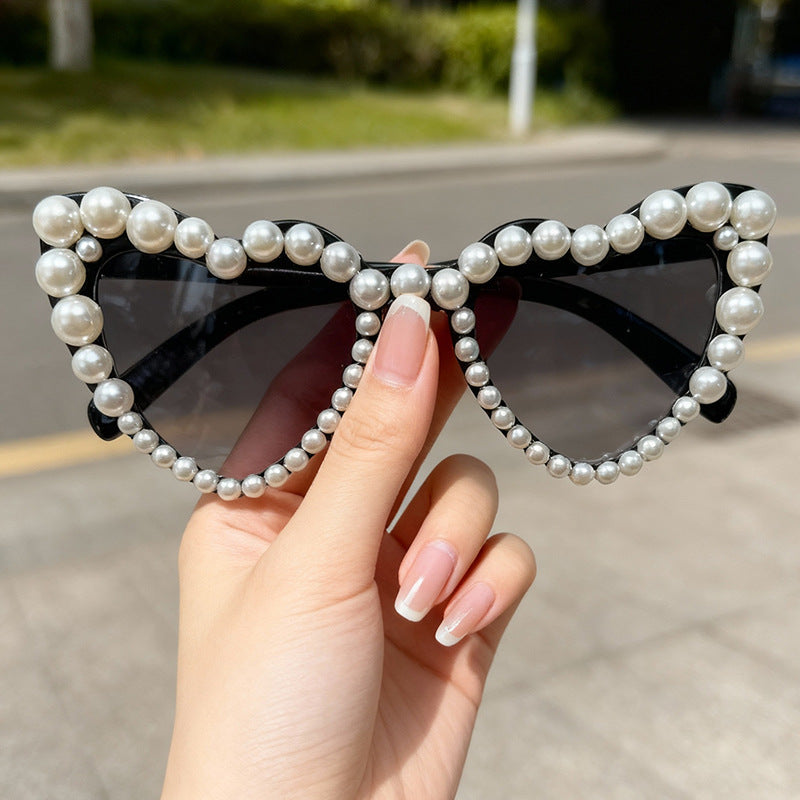 Decorative Pearl-Embellished Cat-Eye Sunglasses Bowlift