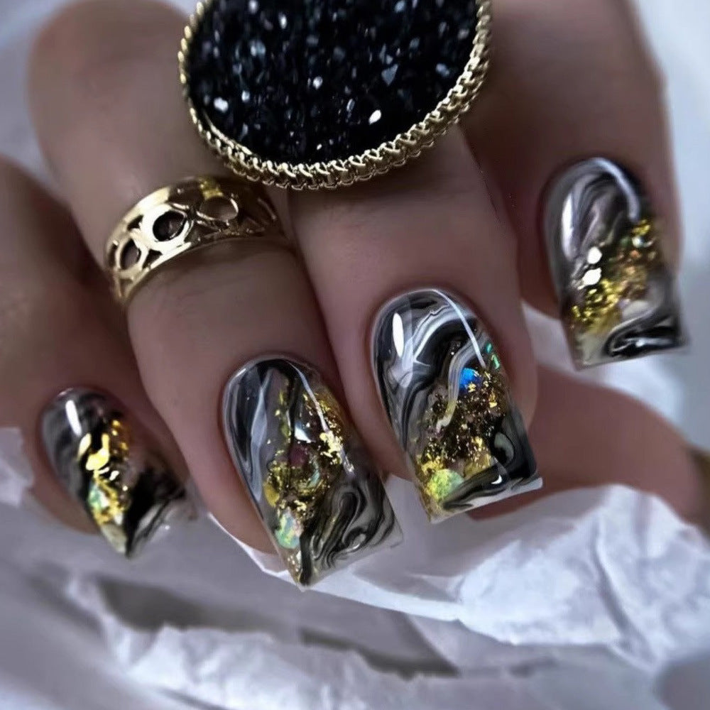 Abstract Gold and Black Design Artificial Nails Bowlift
