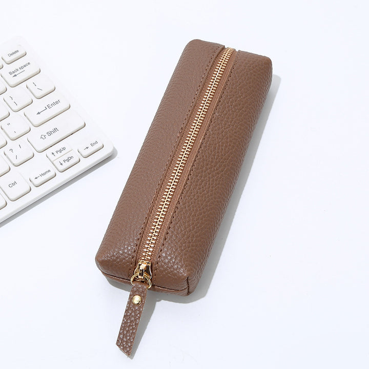 Genuine Pebbled Leather Slim Pen Case with Gold Zipper Bowlift