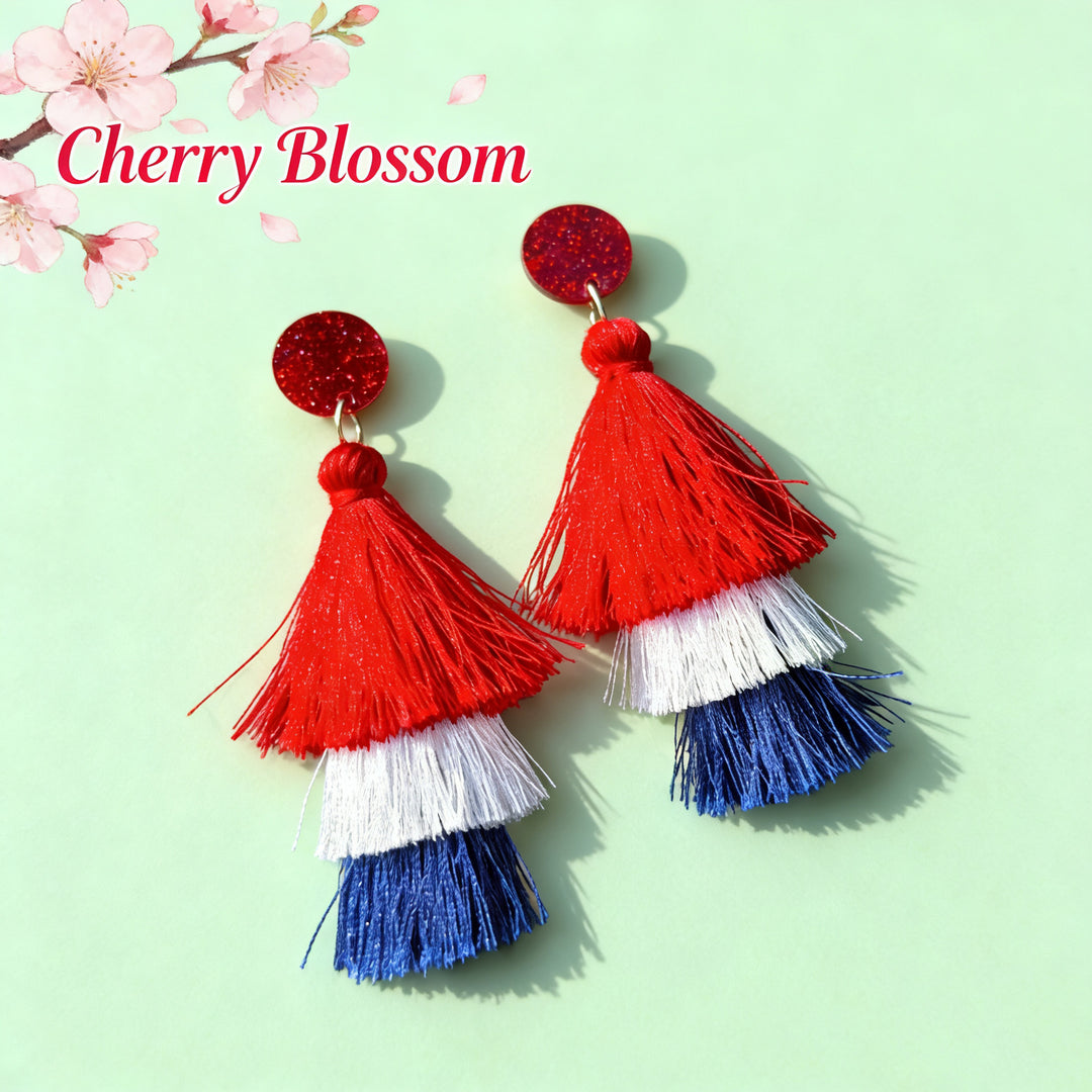 Women's nan tiered fringe tassel statement drop earrings with glitter disc stud and layered silk-like threads Bowlift