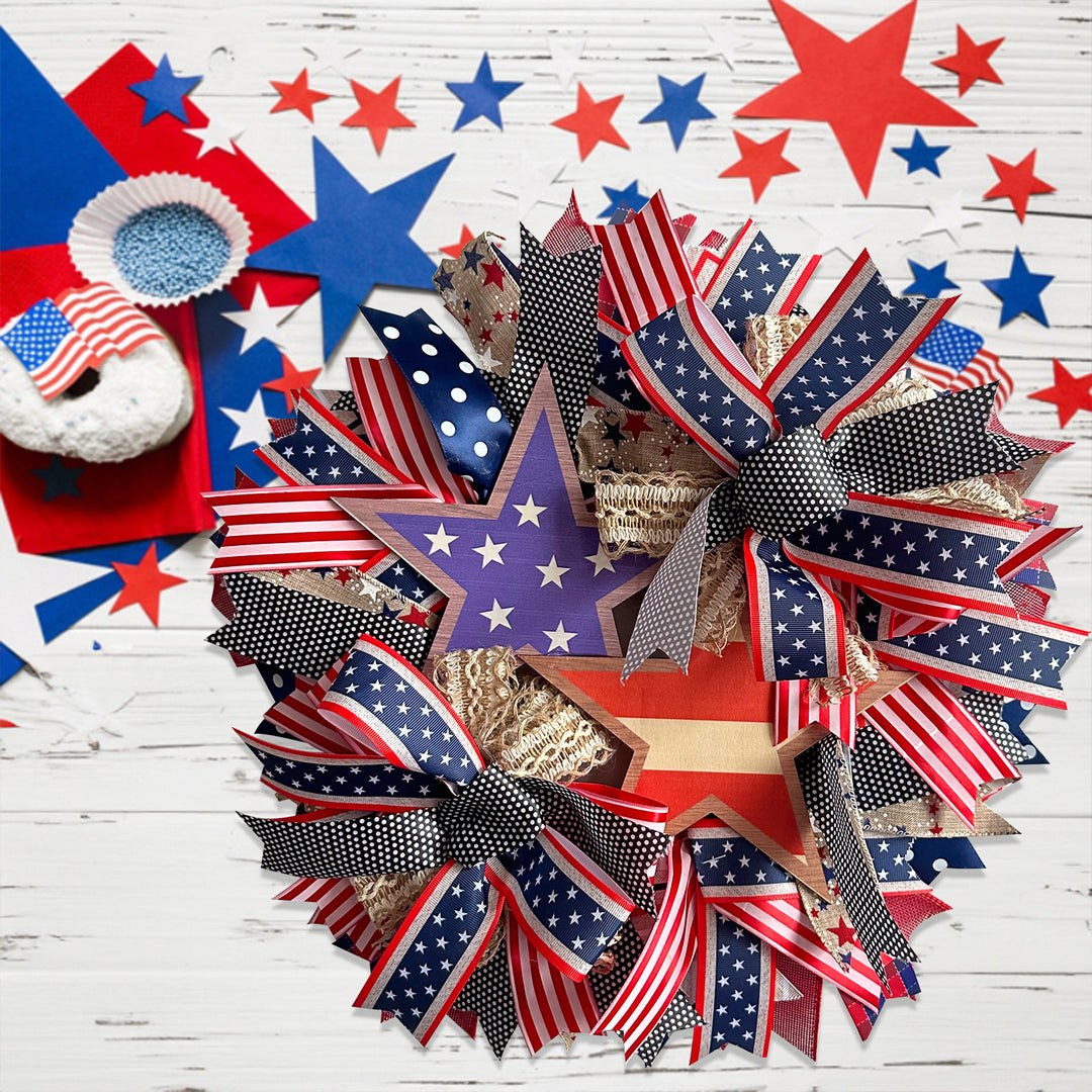 Unisex nan more patriotic door wreath made of ribbon and wooden stars Bowlift