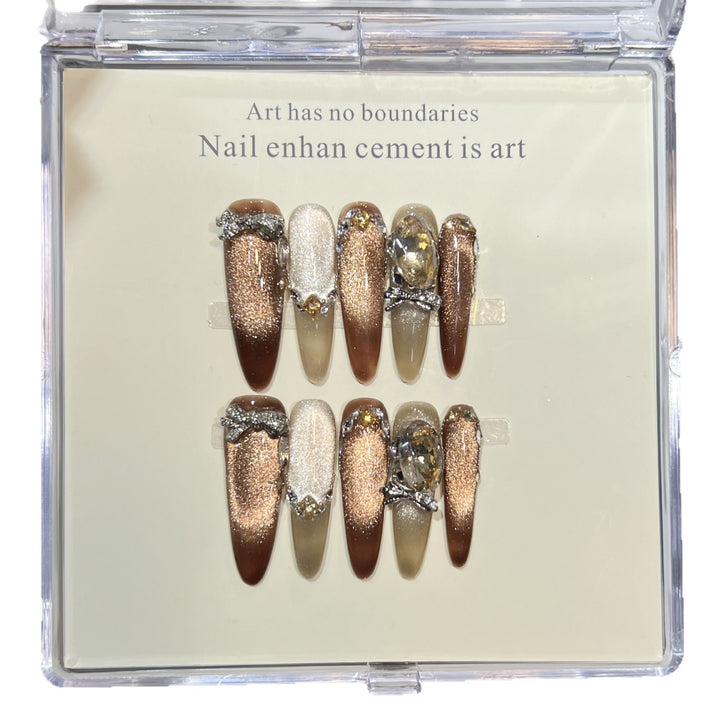 Artistic Stiletto Press-On Nail Set with Gemstone Accents Bowlift