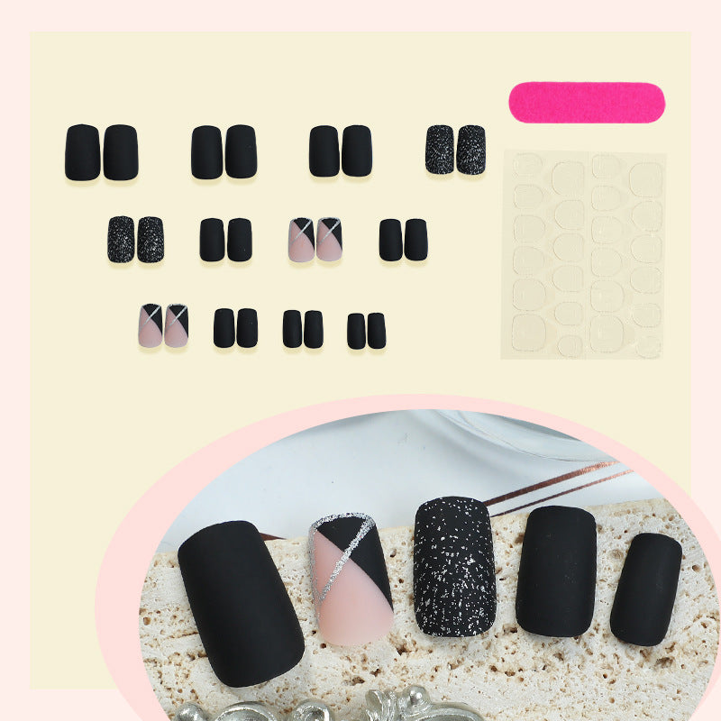 Matte Finish Press-On Nail Set with Glamorous Black and Sparkly Designs Bowlift
