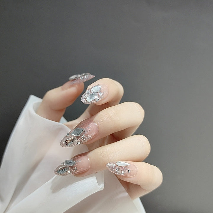 Artistic Rhinestone-Embellished Press-On Nail Set Bowlift