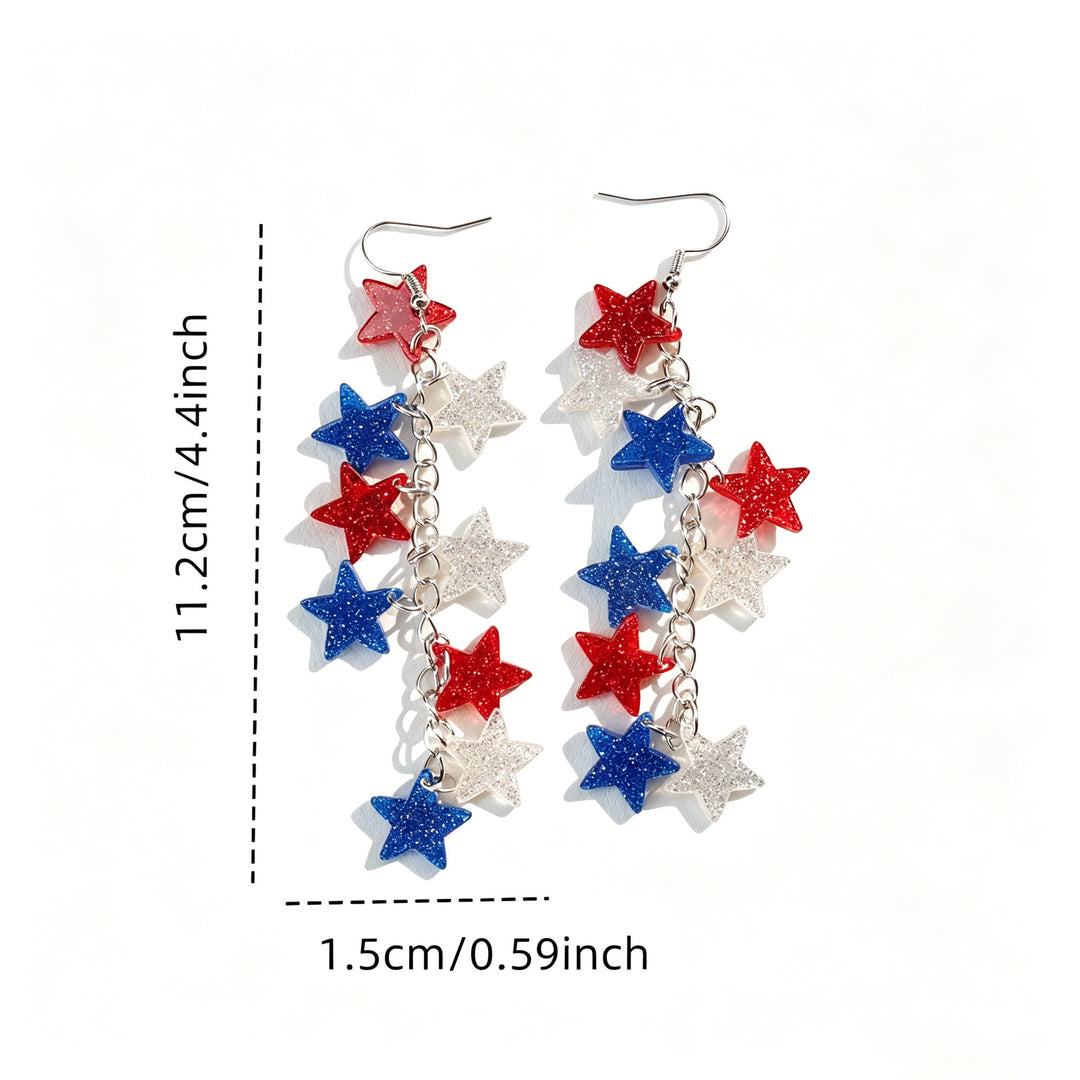 Women's nan patriotic triple-tier glitter star dangle earrings with fishhook wires Bowlift