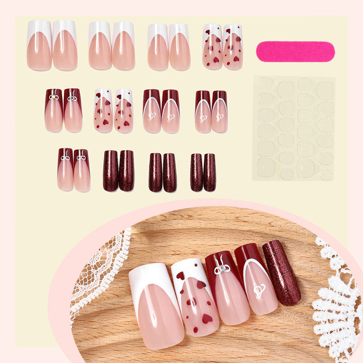 Elegant Press-On Nail Set with Artistic Heart and Glossy Finish Bowlift