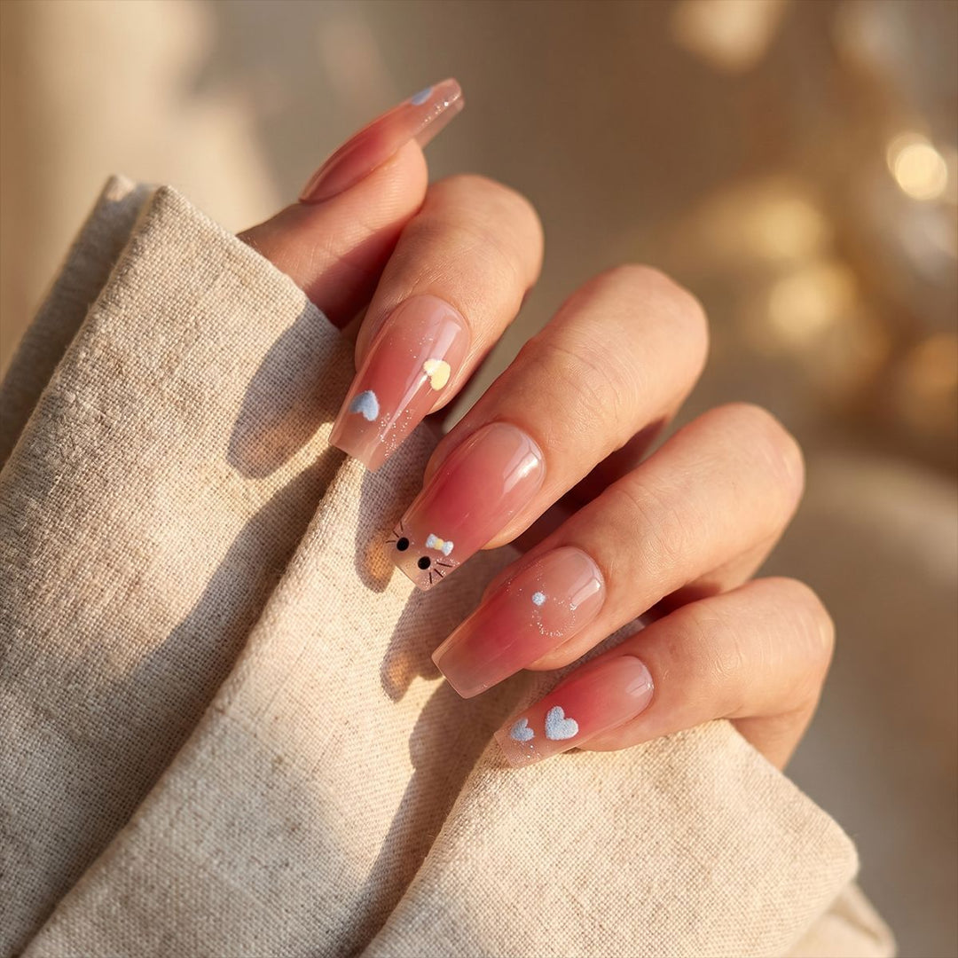 Artistic Press-On Nail Design with Cute Character Motifs Bowlift
