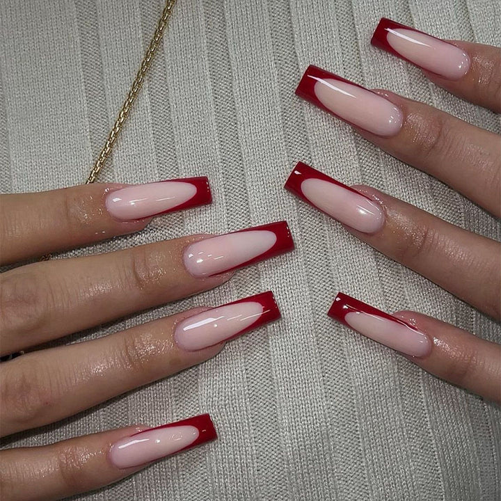 Elegant Press-On Nail Set with Artistic Red and White Design Bowlift
