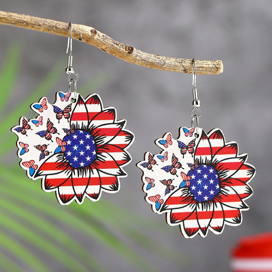 Ladies' lightweight wooden earrings in airplane jet design with patriotic motif and hypoallergenic fish hook Bowlift