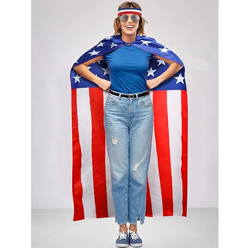 Unisex nan patriotic skeleton costume cape with flag print cape wig and handheld flags Bowlift