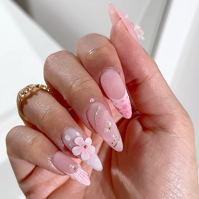 Artistic Floral Press-On Nail Set with Decorative Gel Accents Bowlift