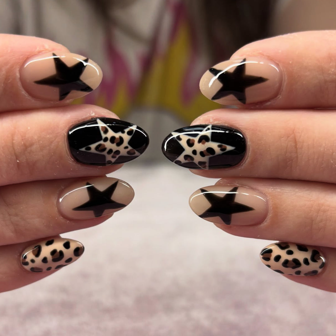 Artistic Nail Extensions with Leopard and Star Design Bowlift