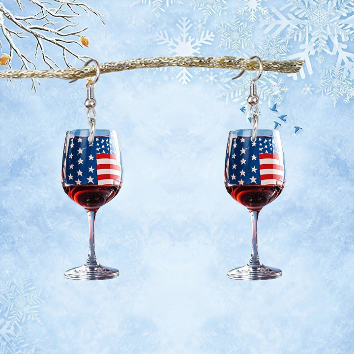 Women's nan novelty wine glass dangle earrings with patriotic American flag enamel Bowlift