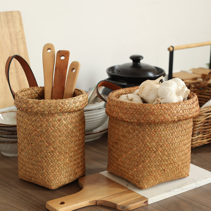 Handwoven Natural Storage Bin with Leather Trim Bowlift